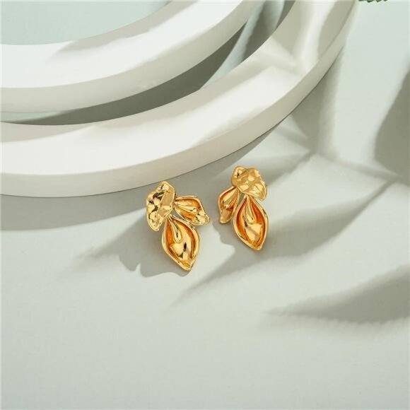 Floral Gold Earrings | 14K Gold Plated 3D Petal Dangle Earrings - Picture 6 of 6